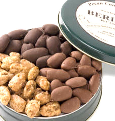 ALL TIME FAVORTIE CANDIES AND PECANS IN A GREEN BERDOLL TIN
